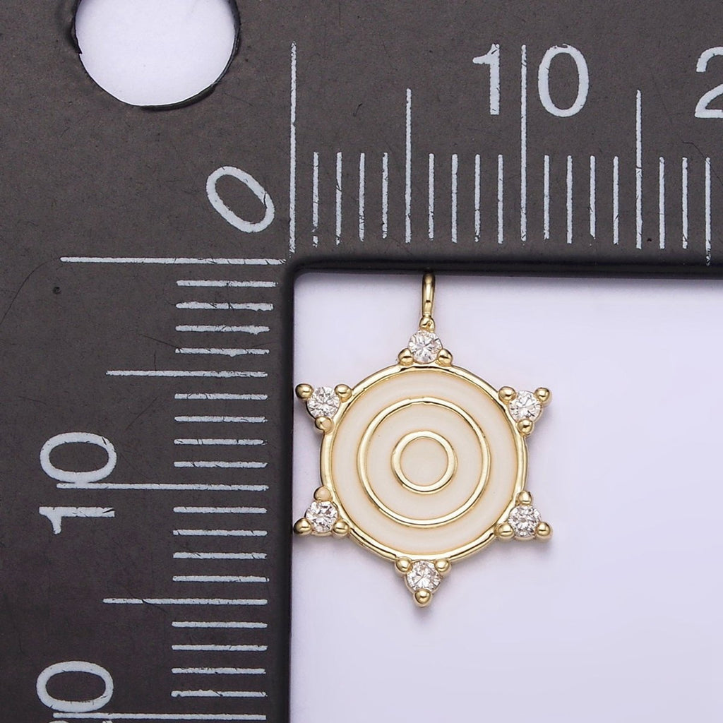 14K Gold plated Round White Enamel Clear CZ Dotted Outline Charm | N1016 - DLUXCA