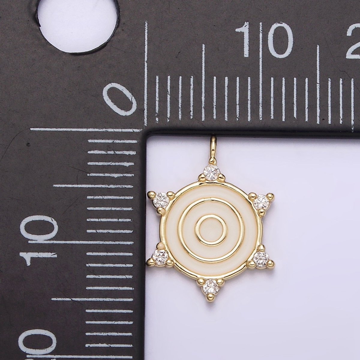 14K Gold plated Round White Enamel Clear CZ Dotted Outline Charm | N1016 - DLUXCA