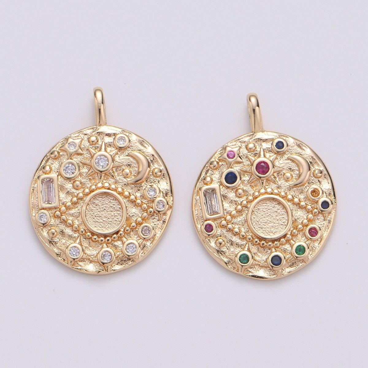 14K Gold plated Rustic Dainty Evil Eye Charm with Micro Pave Cubic Zirconia CZ Stone for Celestial Moon Necklace or Earring Supply D-219 to D-220