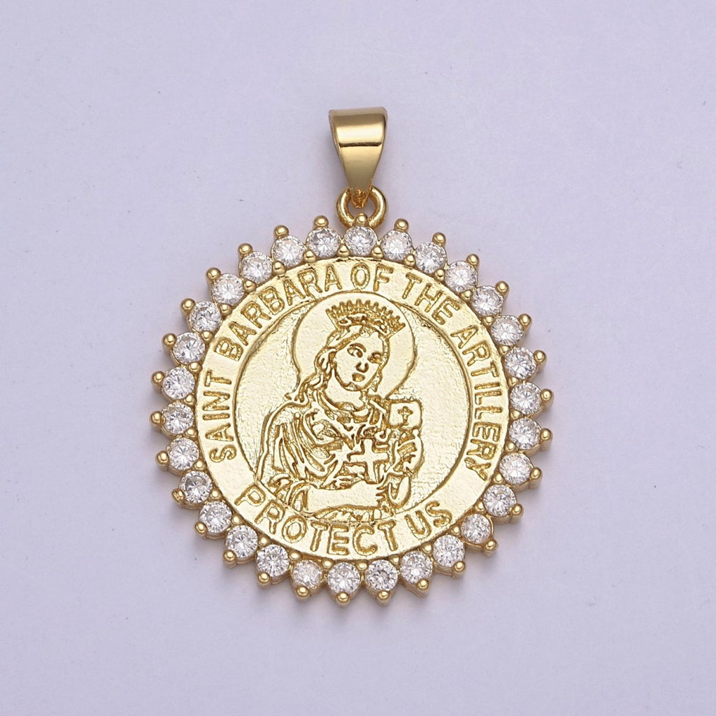 14K Gold plated Saint Barbara Round Religious Medallion Pendant Micro Pave Religious necklace Charm H-924 - DLUXCA