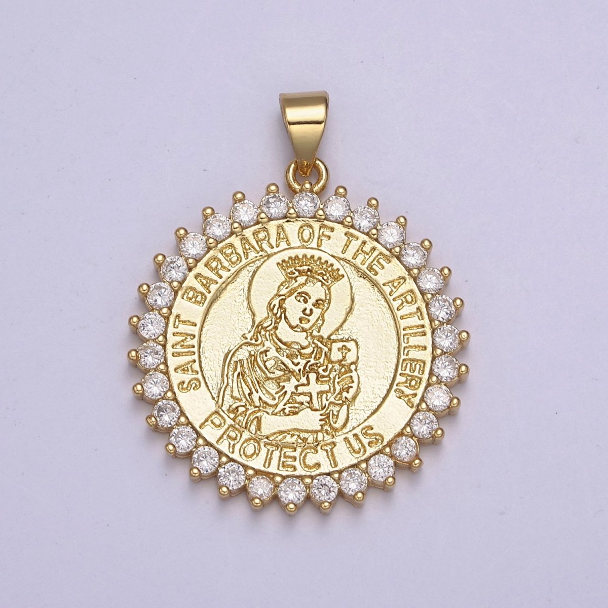 14K Gold plated Saint Barbara Round Religious Medallion Pendant Micro Pave Religious necklace Charm H-924 - DLUXCA
