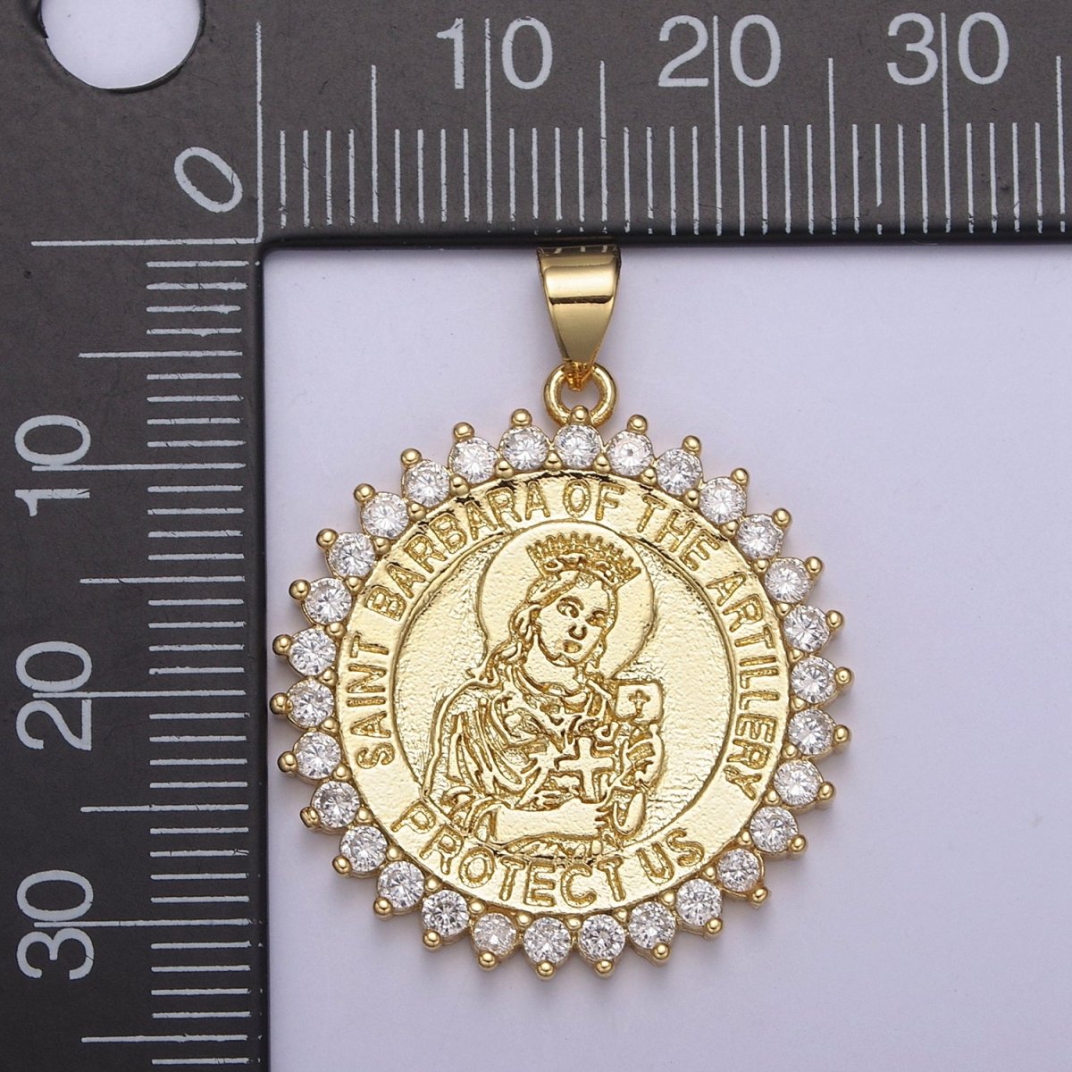 14K Gold plated Saint Barbara Round Religious Medallion Pendant Micro Pave Religious necklace Charm H-924 - DLUXCA