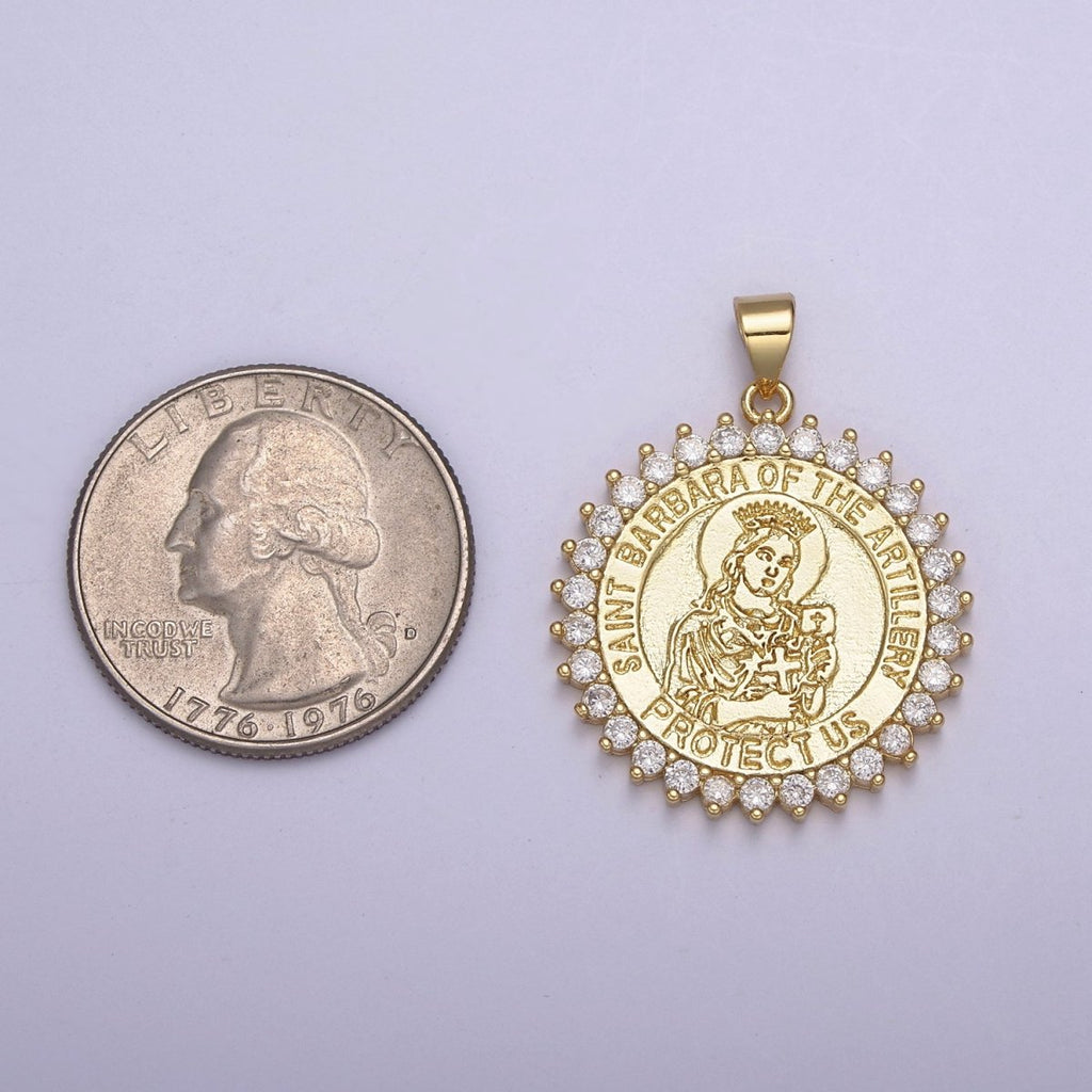 14K Gold plated Saint Barbara Round Religious Medallion Pendant Micro Pave Religious necklace Charm H-924 - DLUXCA