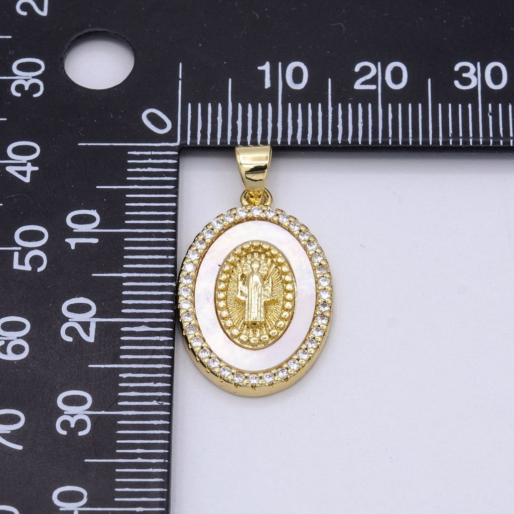 14K Gold plated Saint Benedict Religious Oval Pearl Micro Paved CZ Pendant | AA428 - DLUXCA