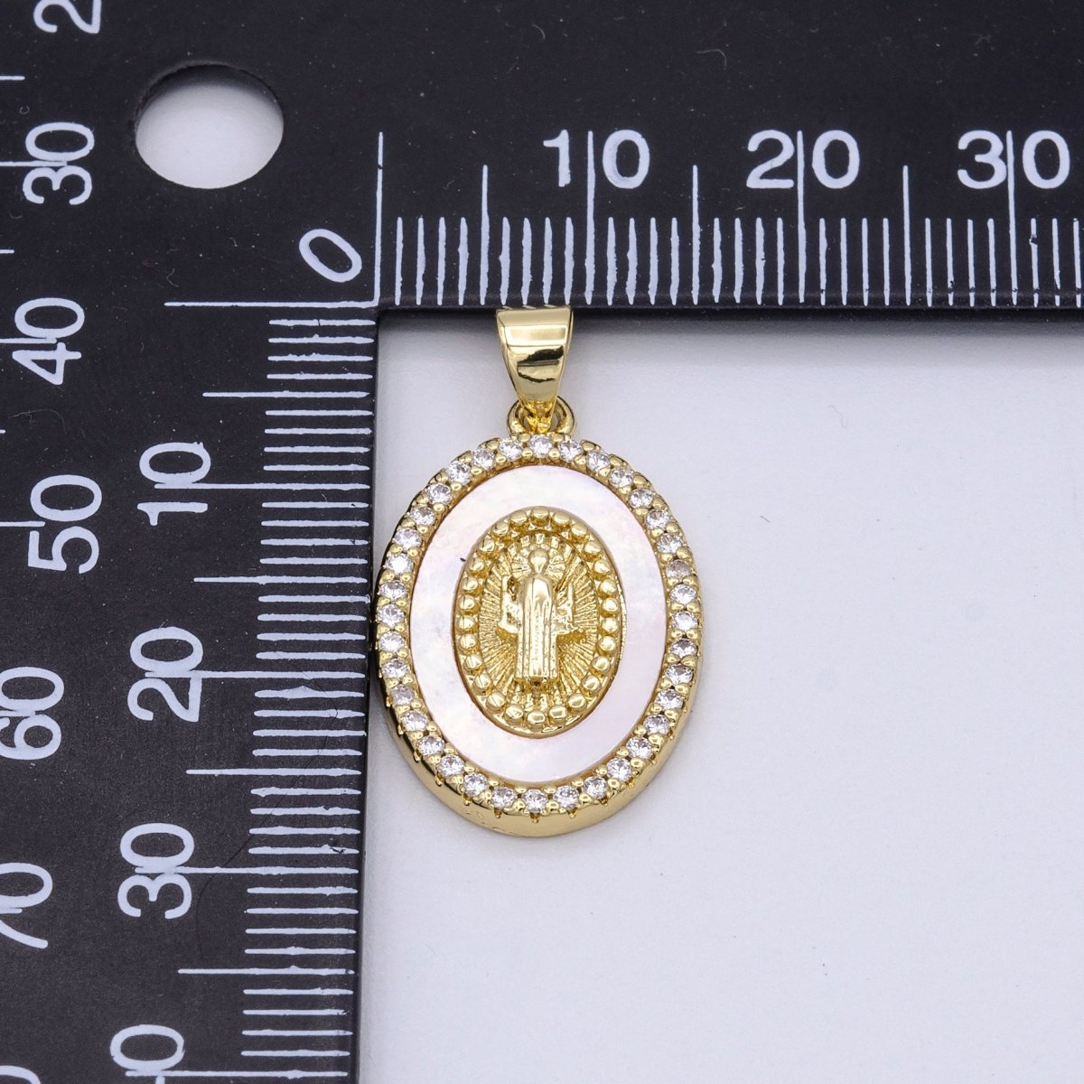 14K Gold plated Saint Benedict Religious Oval Pearl Micro Paved CZ Pendant | AA428 - DLUXCA