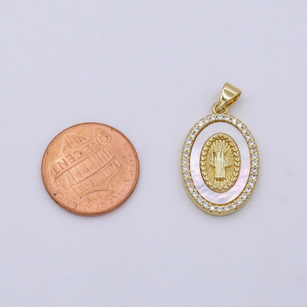 14K Gold plated Saint Benedict Religious Oval Pearl Micro Paved CZ Pendant | AA428 - DLUXCA