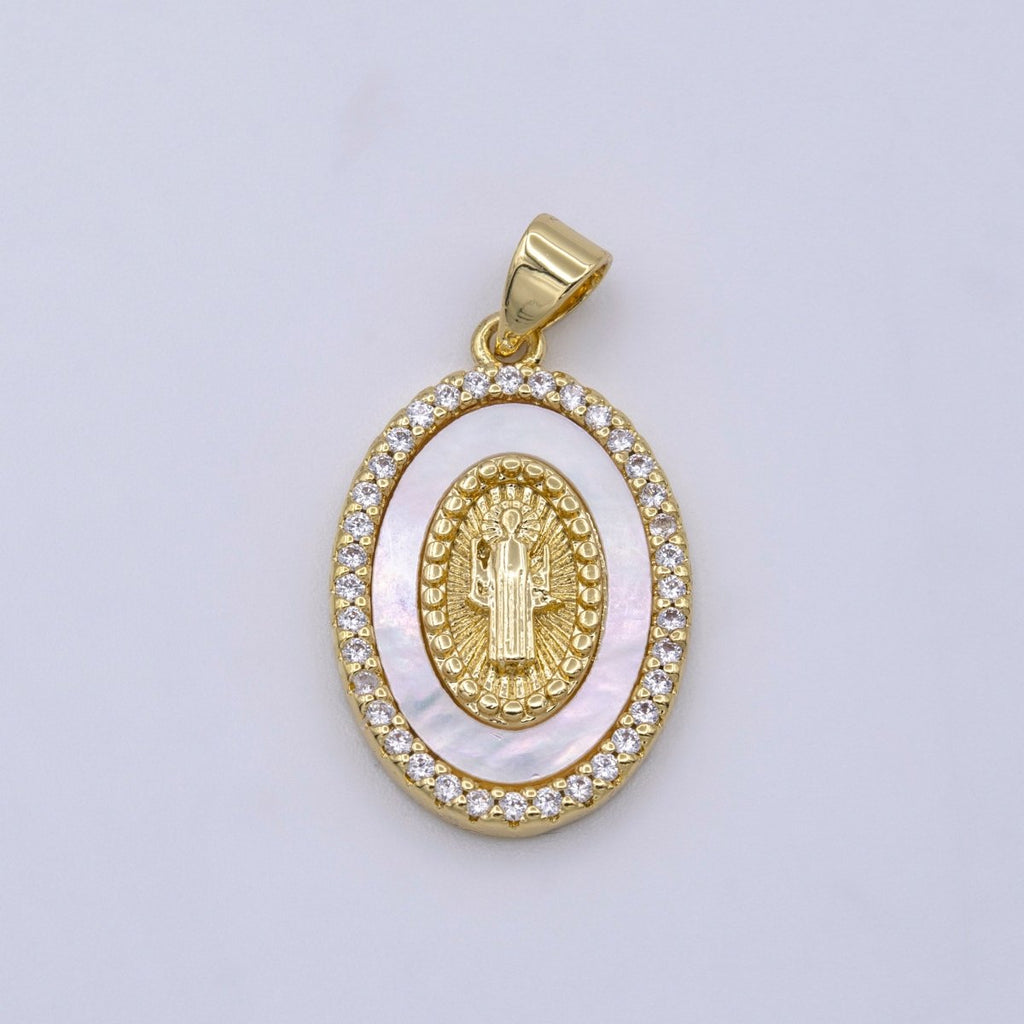 14K Gold plated Saint Benedict Religious Oval Pearl Micro Paved CZ Pendant | AA428 - DLUXCA