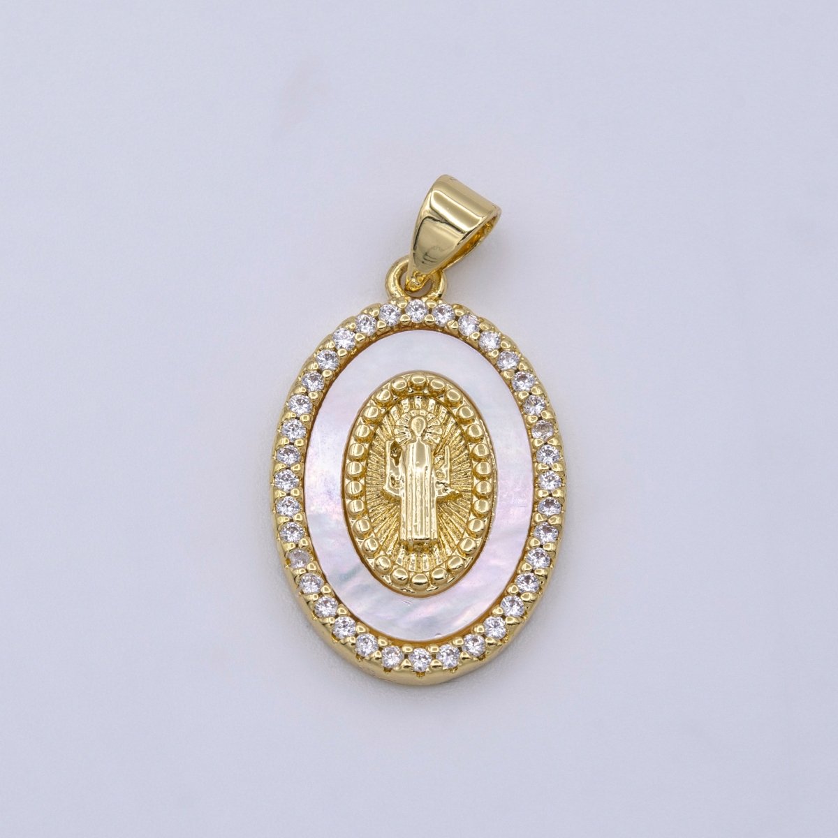 14K Gold plated Saint Benedict Religious Oval Pearl Micro Paved CZ Pendant | AA428 - DLUXCA