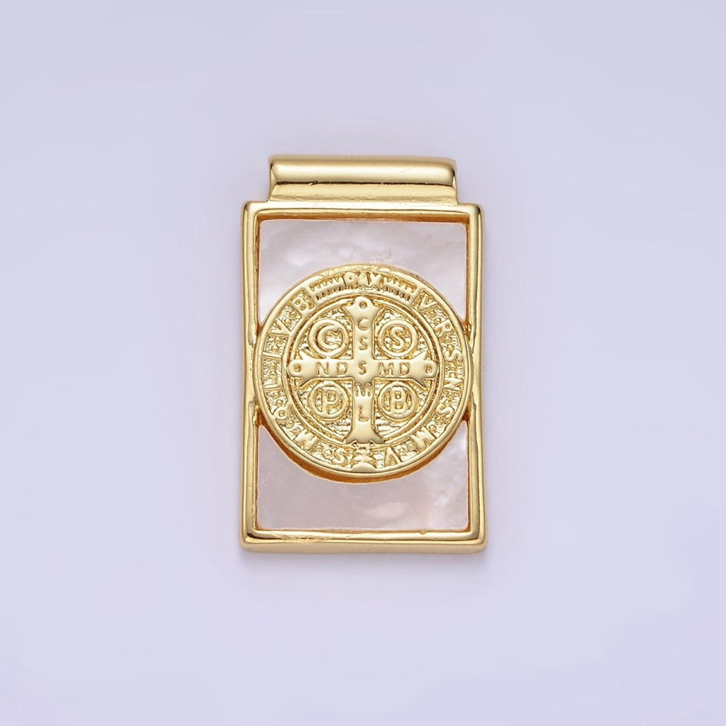 14K Gold plated Saint Benedict SMQLIVB PAX VRSNSMV Shell Pearl Rectangle Pendant | AH156 - DLUXCA