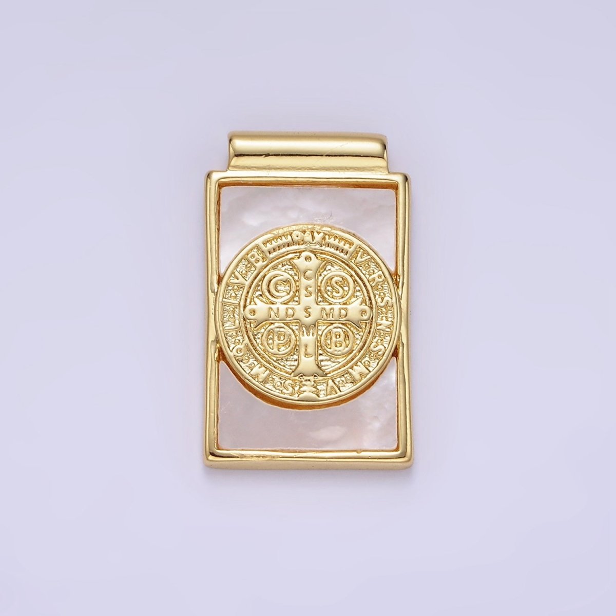 14K Gold plated Saint Benedict SMQLIVB PAX VRSNSMV Shell Pearl Rectangle Pendant | AH156 - DLUXCA