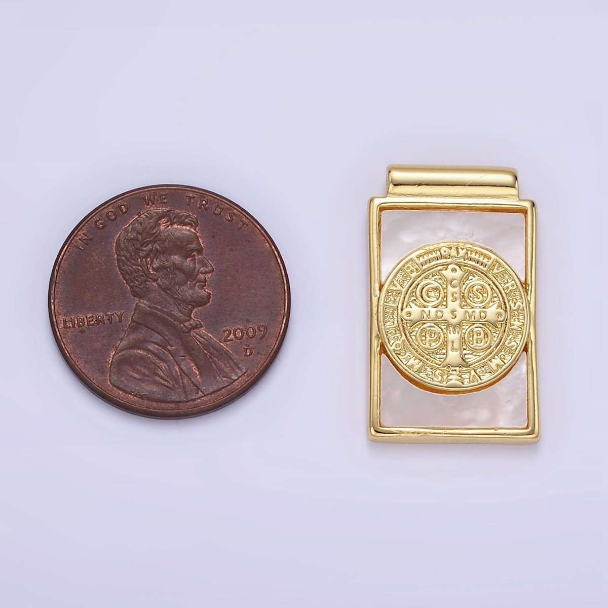 14K Gold plated Saint Benedict SMQLIVB PAX VRSNSMV Shell Pearl Rectangle Pendant | AH156 - DLUXCA