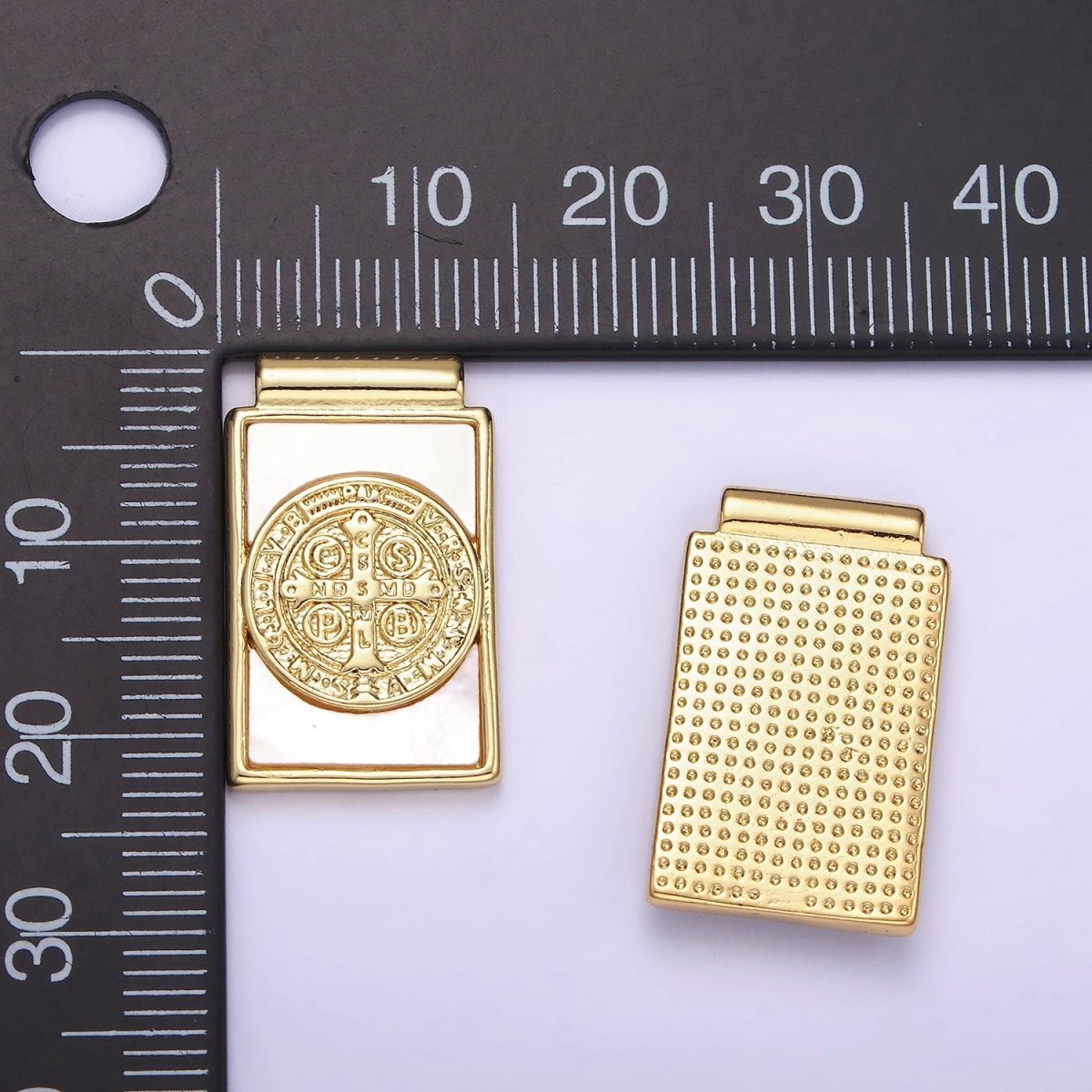 14K Gold plated Saint Benedict SMQLIVB PAX VRSNSMV Shell Pearl Rectangle Pendant | AH156 - DLUXCA