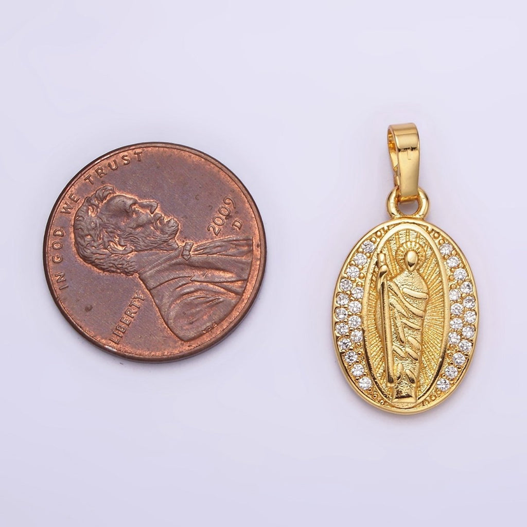 14K Gold plated Saint Jude Clear Micro Pave Sunburst Oval Pendant | AA608 - DLUXCA