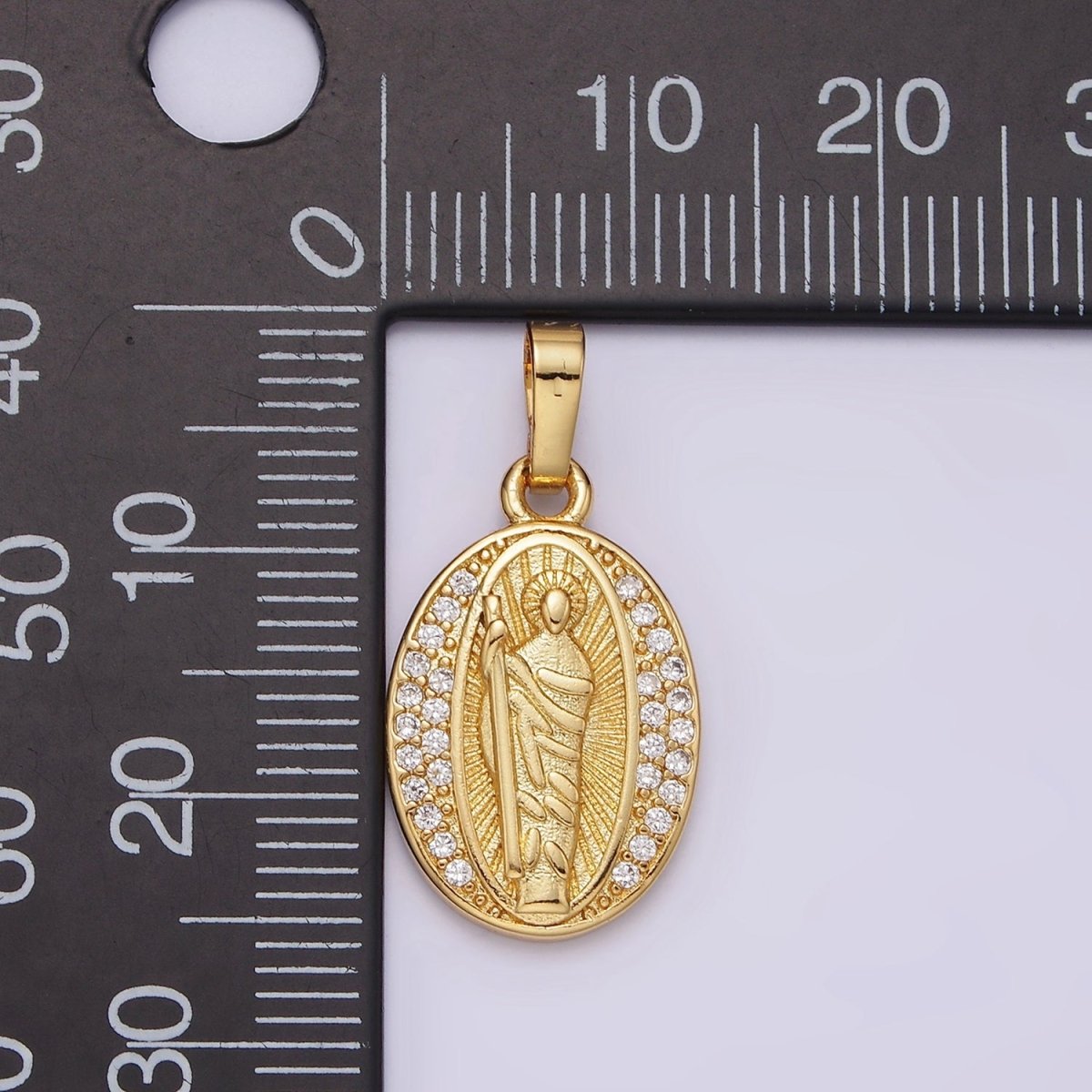 14K Gold plated Saint Jude Clear Micro Pave Sunburst Oval Pendant | AA608 - DLUXCA