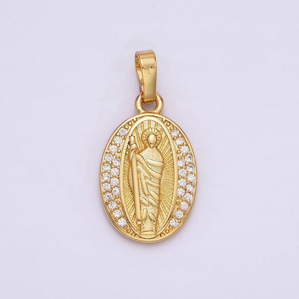 14K Gold plated Saint Jude Clear Micro Pave Sunburst Oval Pendant | AA608 - DLUXCA