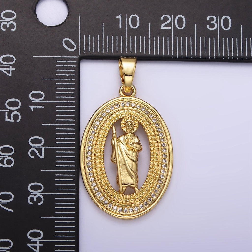 14K Gold plated Saint Jude Open Beaded Clear Micro Paved CZ Oval Pendant | N1285 - DLUXCA