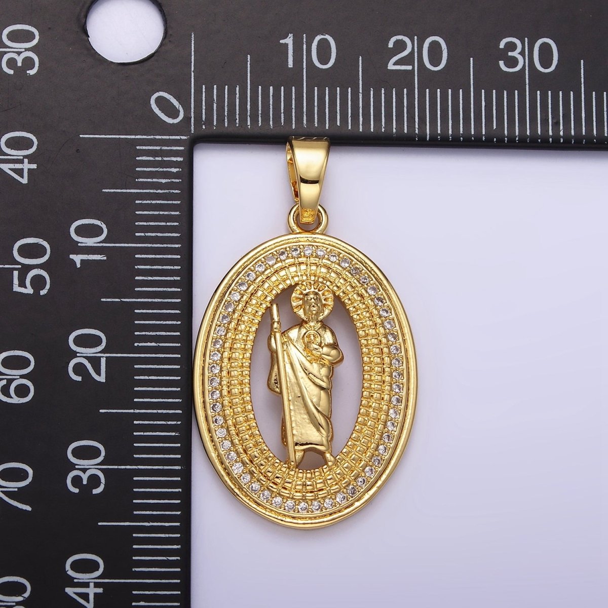 14K Gold plated Saint Jude Open Beaded Clear Micro Paved CZ Oval Pendant | N1285 - DLUXCA