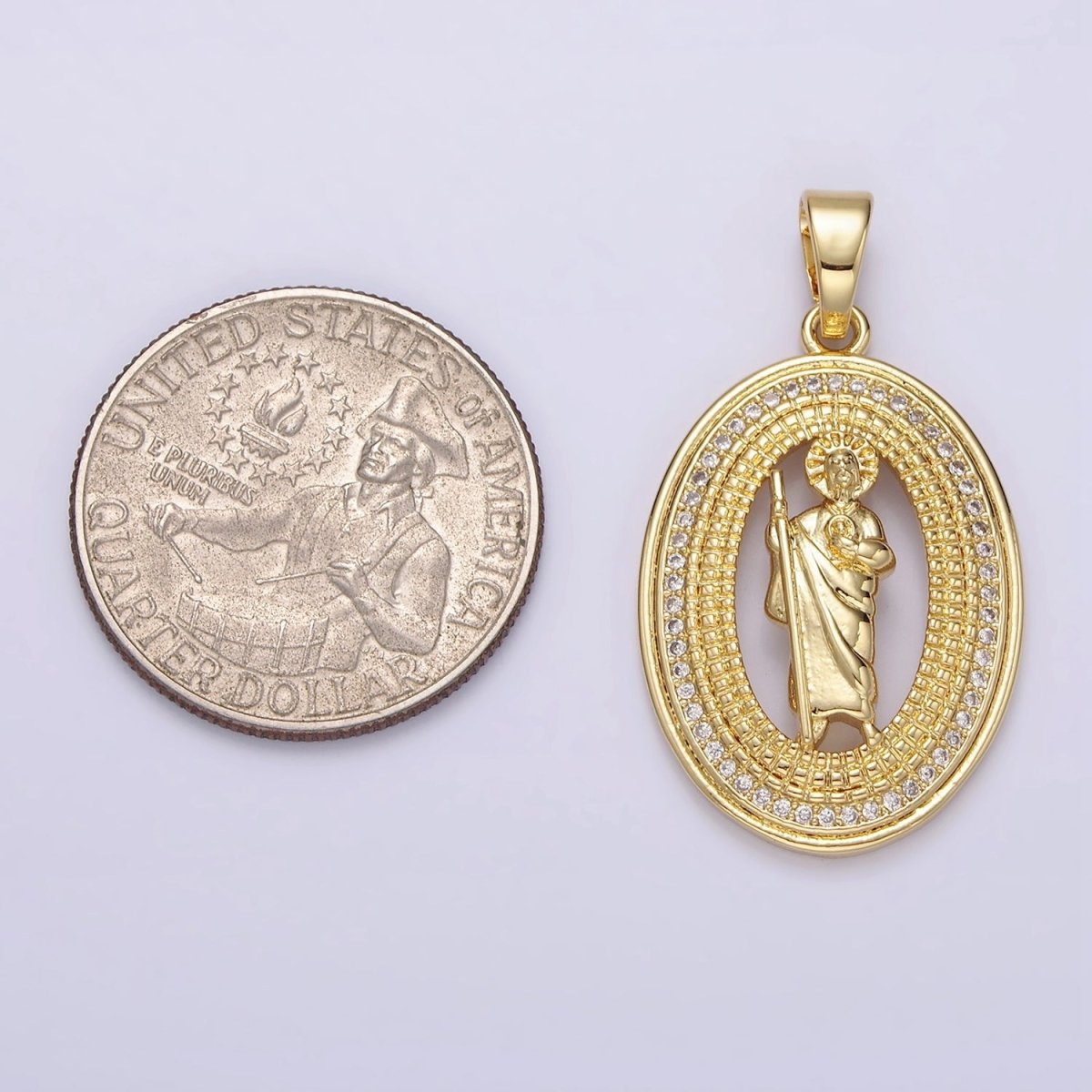 14K Gold plated Saint Jude Open Beaded Clear Micro Paved CZ Oval Pendant | N1285 - DLUXCA