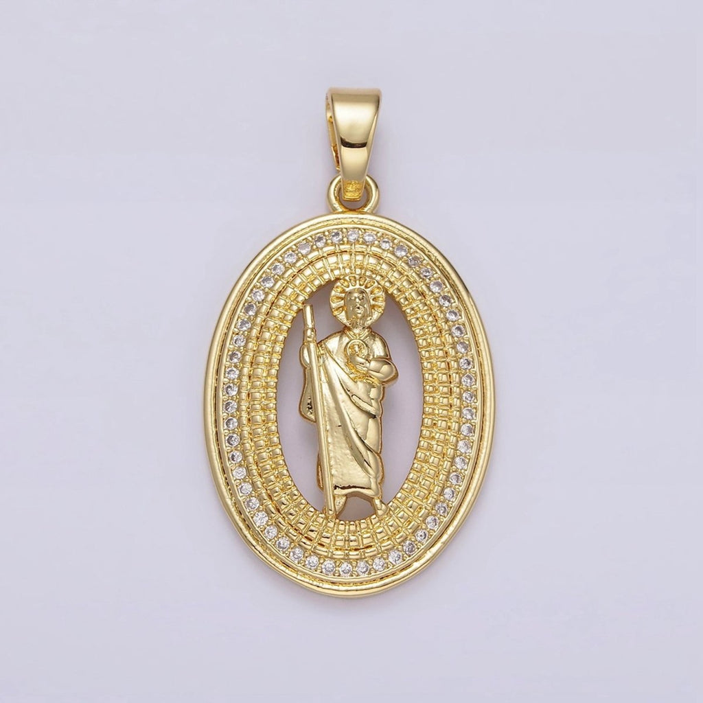 14K Gold plated Saint Jude Open Beaded Clear Micro Paved CZ Oval Pendant | N1285 - DLUXCA