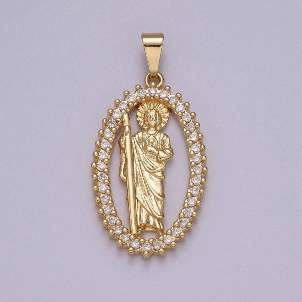 14K Gold plated Saint Jude Pendant Saint of Hope in Clear Crystal Cubic Zirconia Charm N-612 - DLUXCA