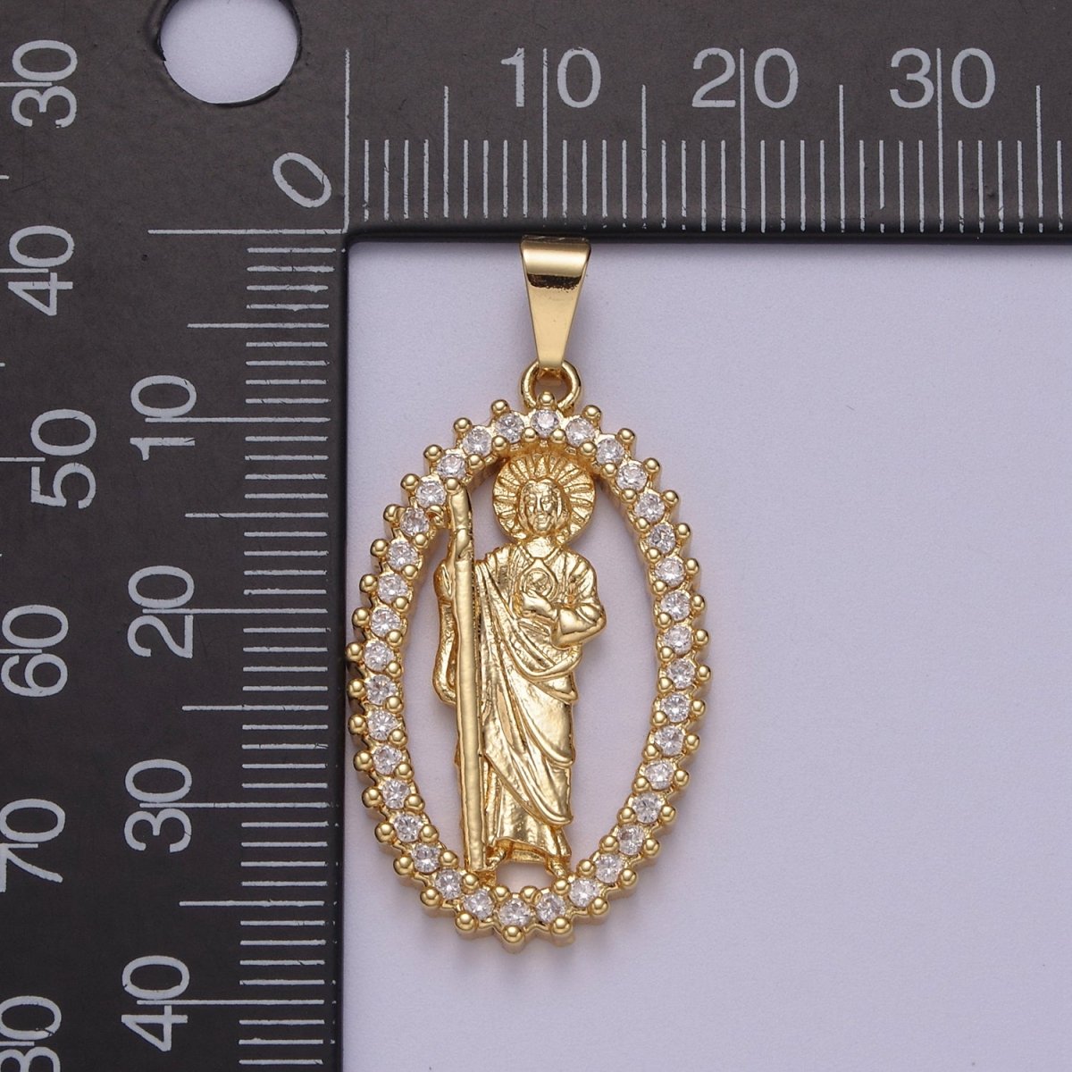 14K Gold plated Saint Jude Pendant Saint of Hope in Clear Crystal Cubic Zirconia Charm N-612 - DLUXCA