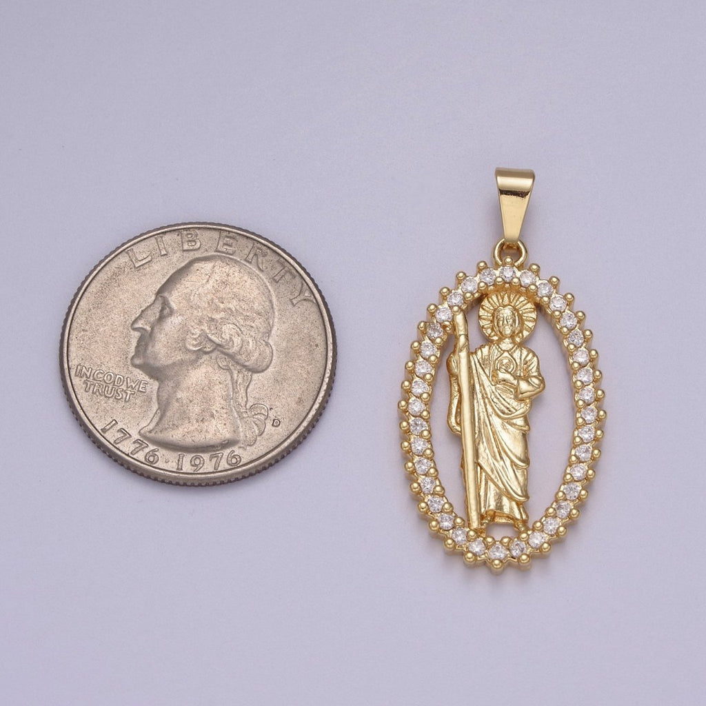 14K Gold plated Saint Jude Pendant Saint of Hope in Clear Crystal Cubic Zirconia Charm N-612 - DLUXCA