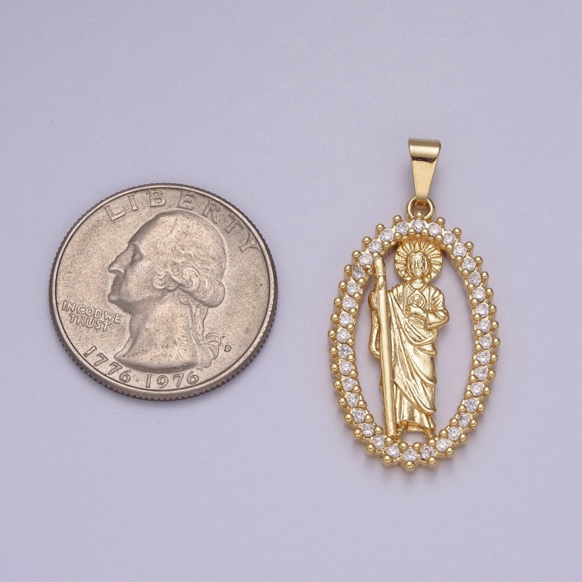 14K Gold plated Saint Jude Pendant Saint of Hope in Clear Crystal Cubic Zirconia Charm N-612 - DLUXCA
