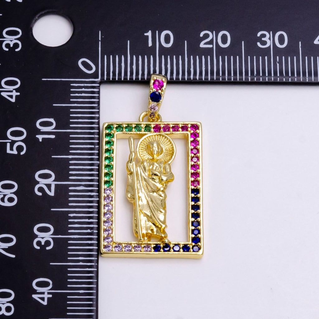 14K Gold plated Saint Jude Religious Figure Open Multicolor Micro Paved CZ Rectangular Pendant | N1457 - DLUXCA
