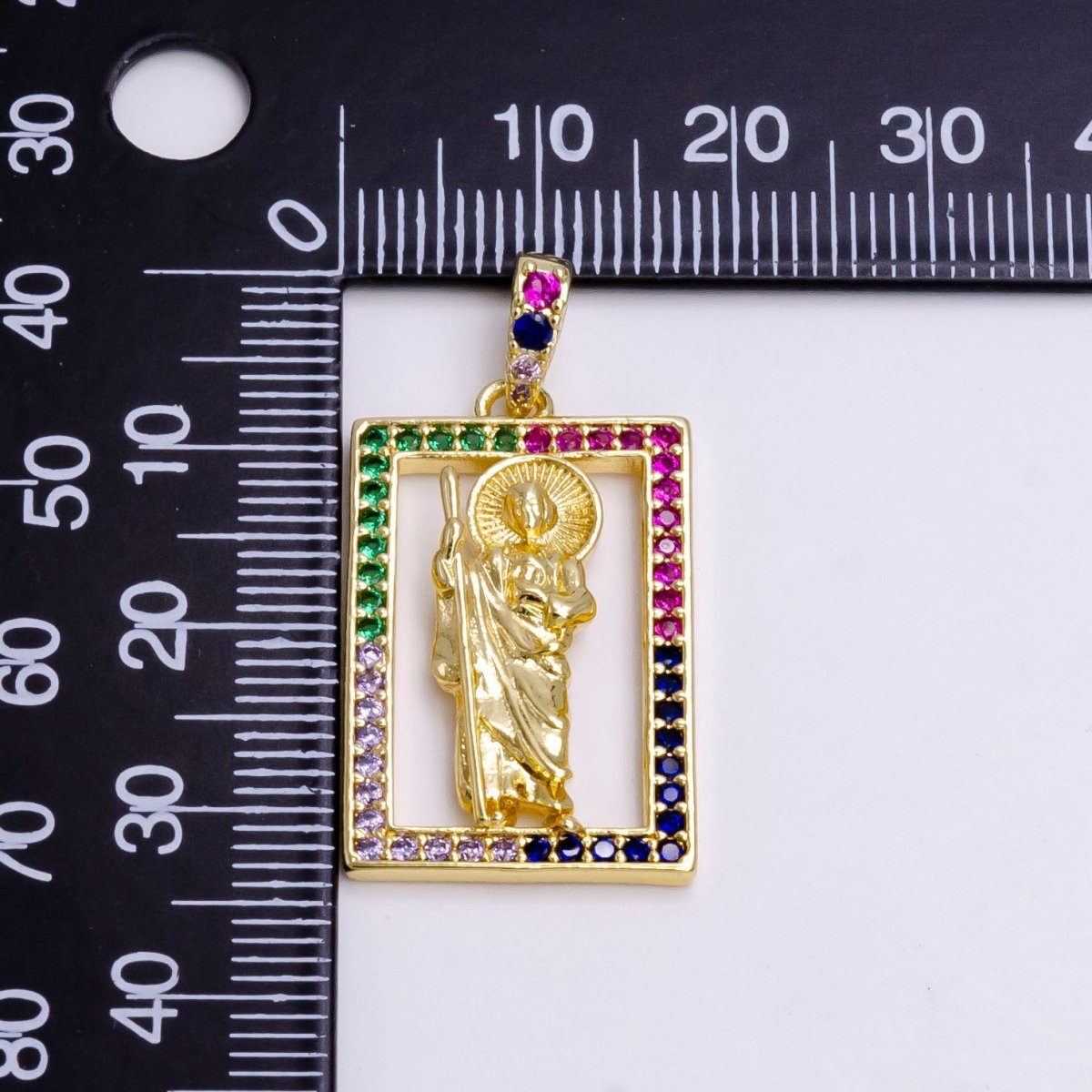 14K Gold plated Saint Jude Religious Figure Open Multicolor Micro Paved CZ Rectangular Pendant | N1457 - DLUXCA