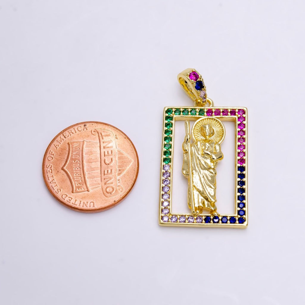14K Gold plated Saint Jude Religious Figure Open Multicolor Micro Paved CZ Rectangular Pendant | N1457 - DLUXCA
