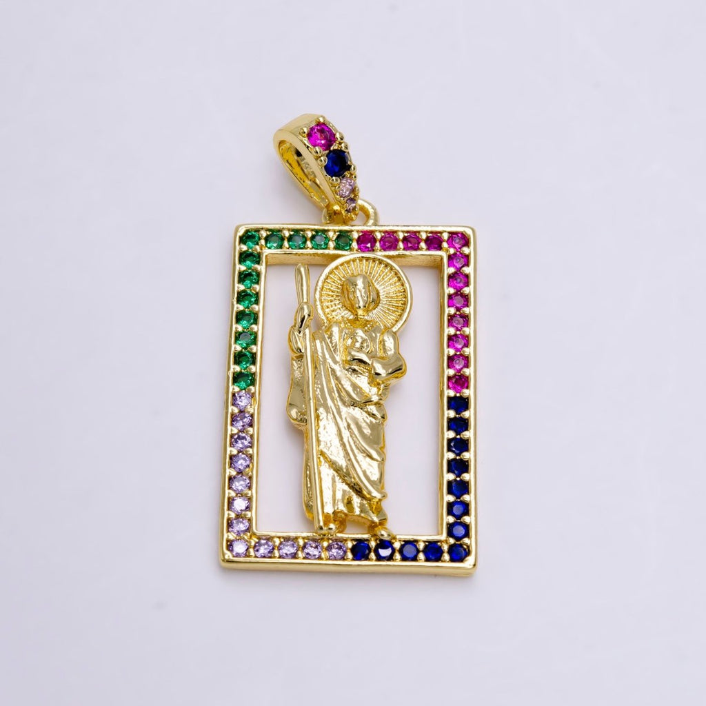 14K Gold plated Saint Jude Religious Figure Open Multicolor Micro Paved CZ Rectangular Pendant | N1457 - DLUXCA