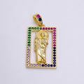 14K Gold plated Saint Jude Religious Figure Open Multicolor Micro Paved CZ Rectangular Pendant | N1457 - DLUXCA