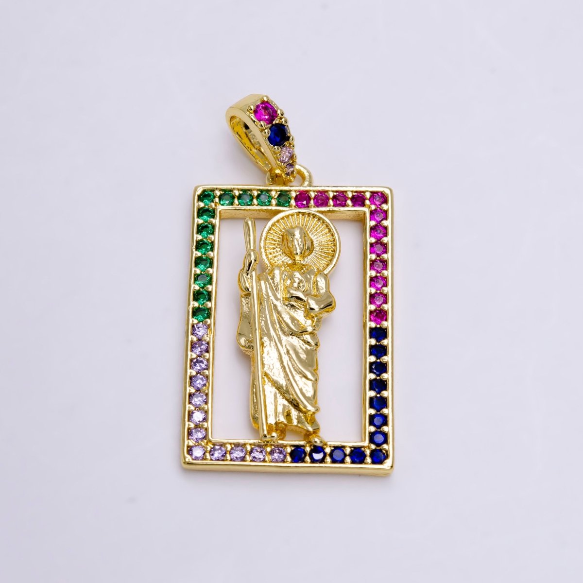 14K Gold plated Saint Jude Religious Figure Open Multicolor Micro Paved CZ Rectangular Pendant | N1457 - DLUXCA