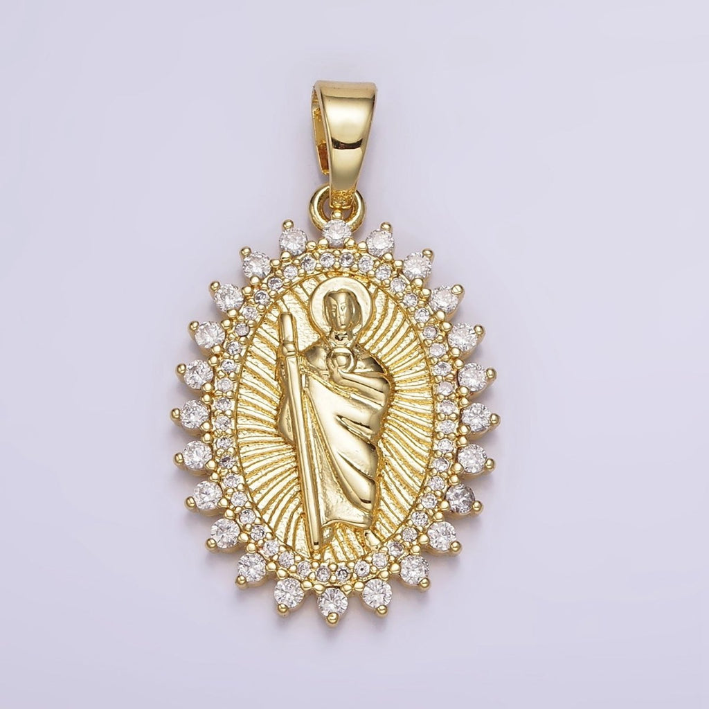 14K Gold plated Saint Jude Religious Swirl Lined Clear Micro Paved CZ Dotted Oval Pendant | N1785 - DLUXCA