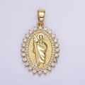 14K Gold plated Saint Jude Religious Swirl Lined Clear Micro Paved CZ Dotted Oval Pendant | N1785 - DLUXCA