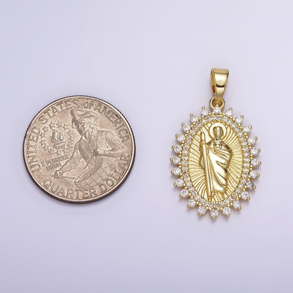 14K Gold plated Saint Jude Religious Swirl Lined Clear Micro Paved CZ Dotted Oval Pendant | N1785 - DLUXCA