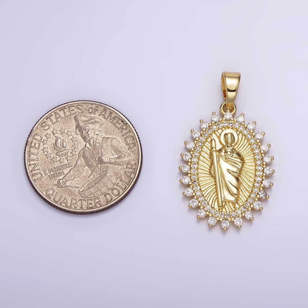14K Gold plated Saint Jude Religious Swirl Lined Clear Micro Paved CZ Dotted Oval Pendant | N1785 - DLUXCA