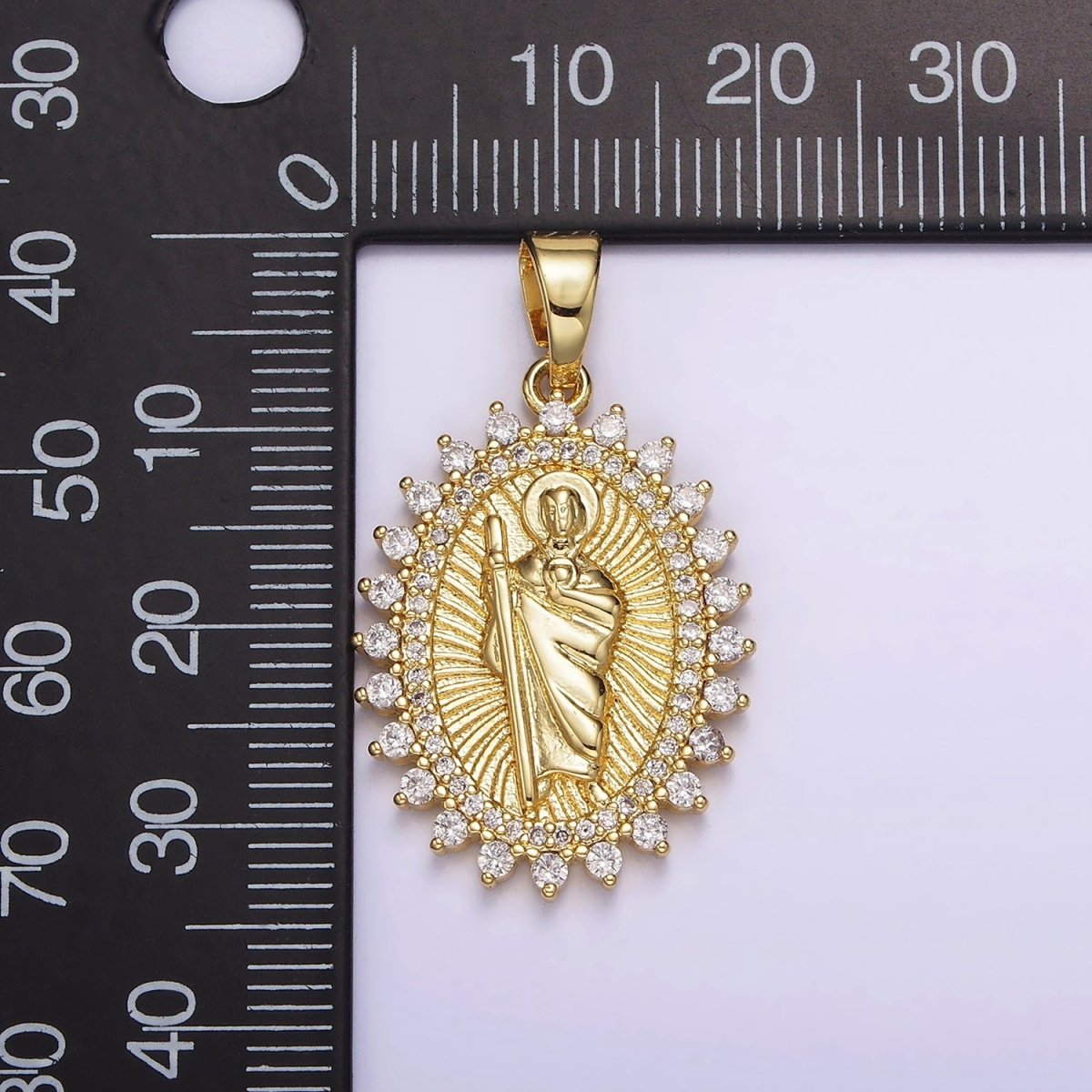 14K Gold plated Saint Jude Religious Swirl Lined Clear Micro Paved CZ Dotted Oval Pendant | N1785 - DLUXCA