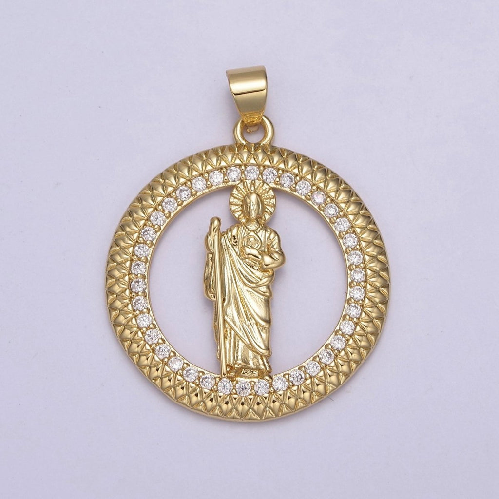 14K Gold plated Saint Jude Round Religious Medallion Pendant Micro Pave San Judas Tadeo necklace Charm H-929 - DLUXCA