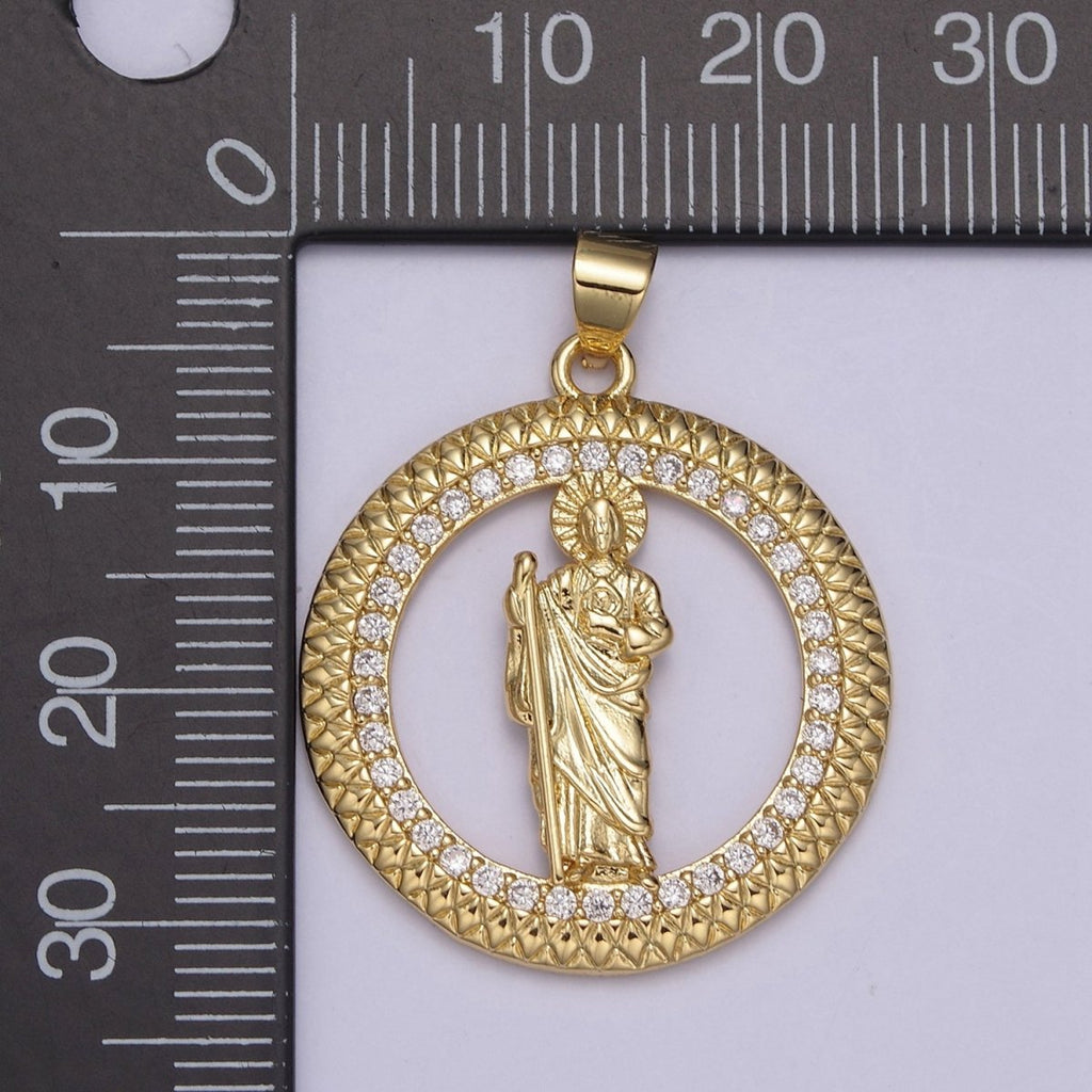 14K Gold plated Saint Jude Round Religious Medallion Pendant Micro Pave San Judas Tadeo necklace Charm H-929 - DLUXCA