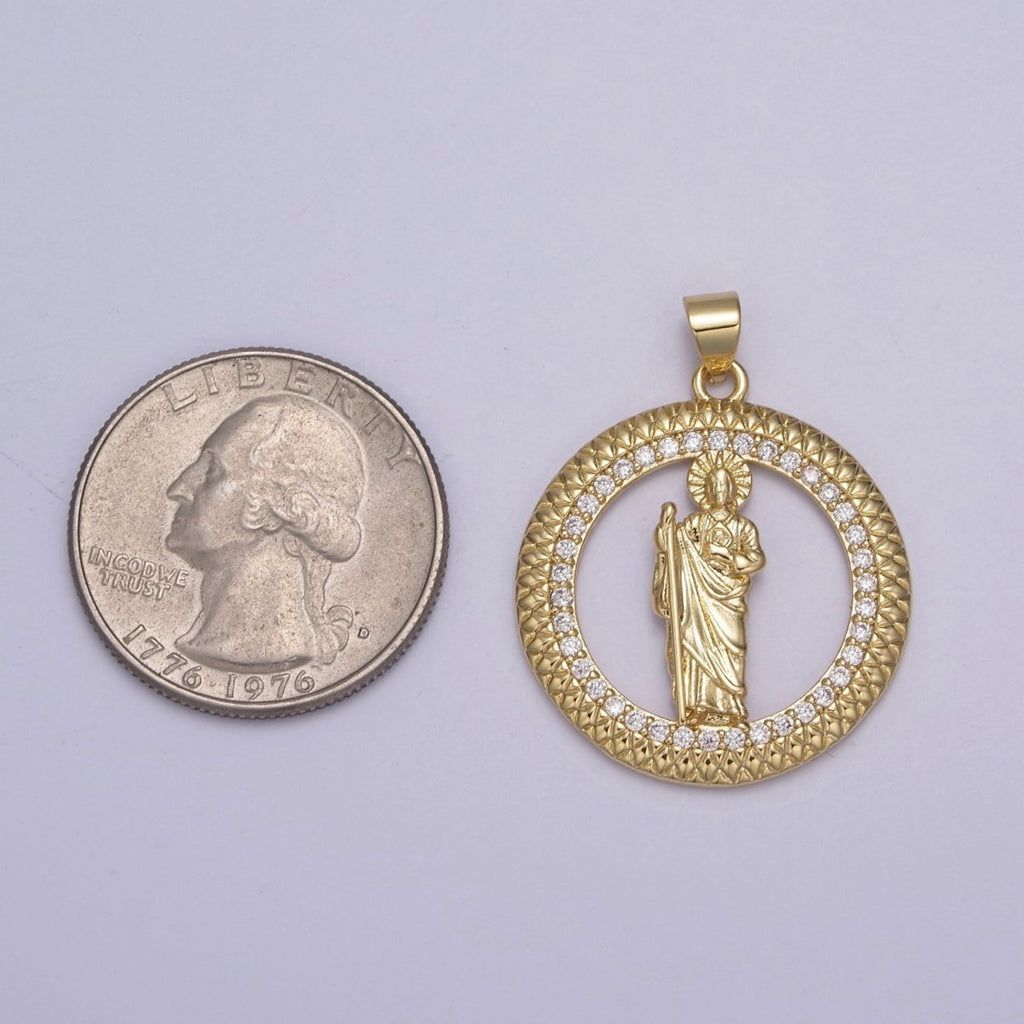 14K Gold plated Saint Jude Round Religious Medallion Pendant Micro Pave San Judas Tadeo necklace Charm H-929 - DLUXCA