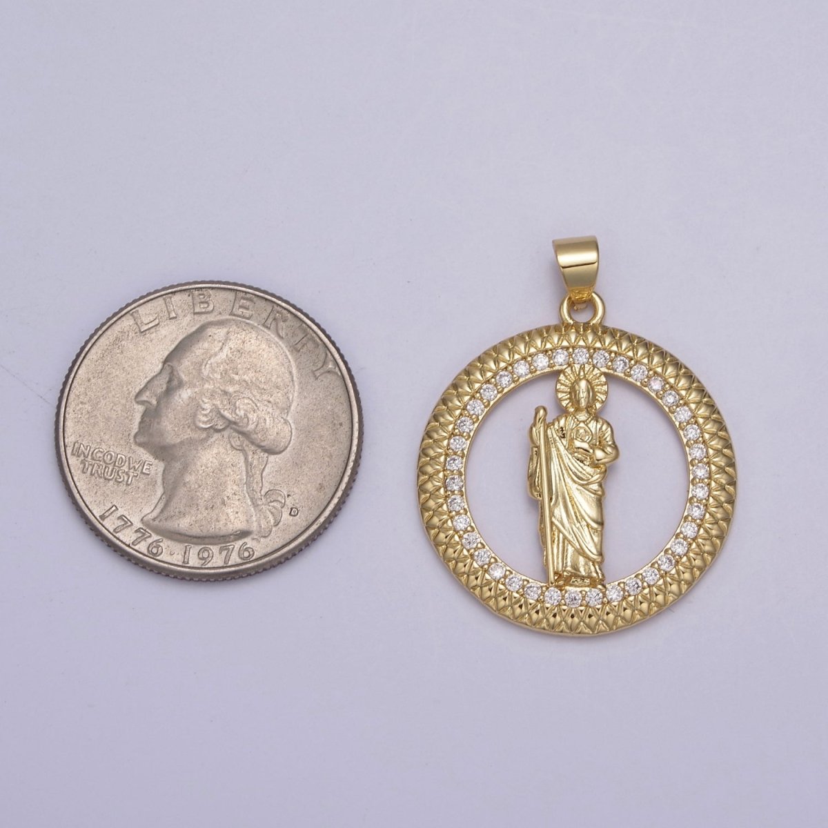 14K Gold plated Saint Jude Round Religious Medallion Pendant Micro Pave San Judas Tadeo necklace Charm H-929 - DLUXCA