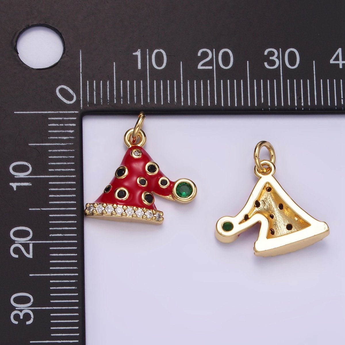 14K Gold plated Santa's Hat Dotted CZ Micro Paved Enamel Christmas Mini Charm | D541 - DLUXCA
