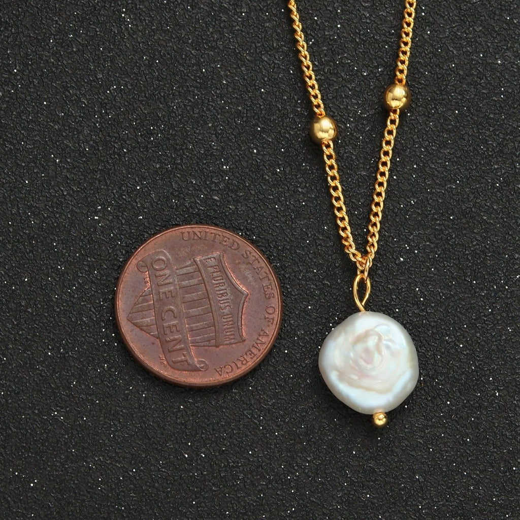 14K Gold plated Satellite Bead Curb Chain Necklace with Mother of Pearl Charm 17.12 Inch with Extender | WA2576 - DLUXCA