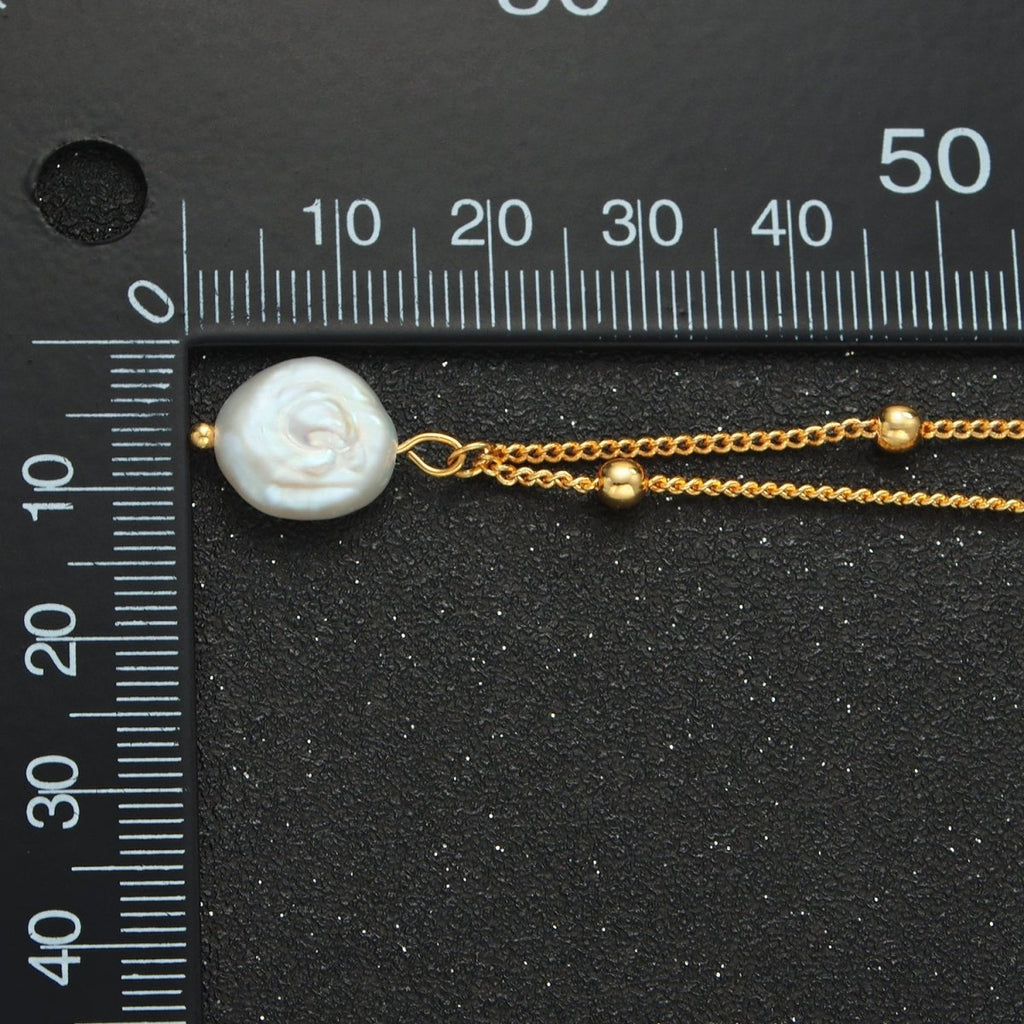 14K Gold plated Satellite Bead Curb Chain Necklace with Mother of Pearl Charm 17.12 Inch with Extender | WA2576 - DLUXCA