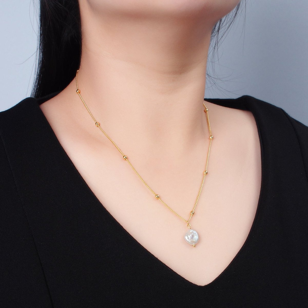 14K Gold plated Satellite Bead Curb Chain Necklace with Mother of Pearl Charm 17.12 Inch with Extender | WA2576 - DLUXCA