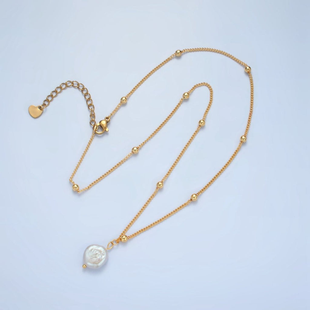 14K Gold plated Satellite Bead Curb Chain Necklace with Mother of Pearl Charm 17.12 Inch with Extender | WA2576 - DLUXCA