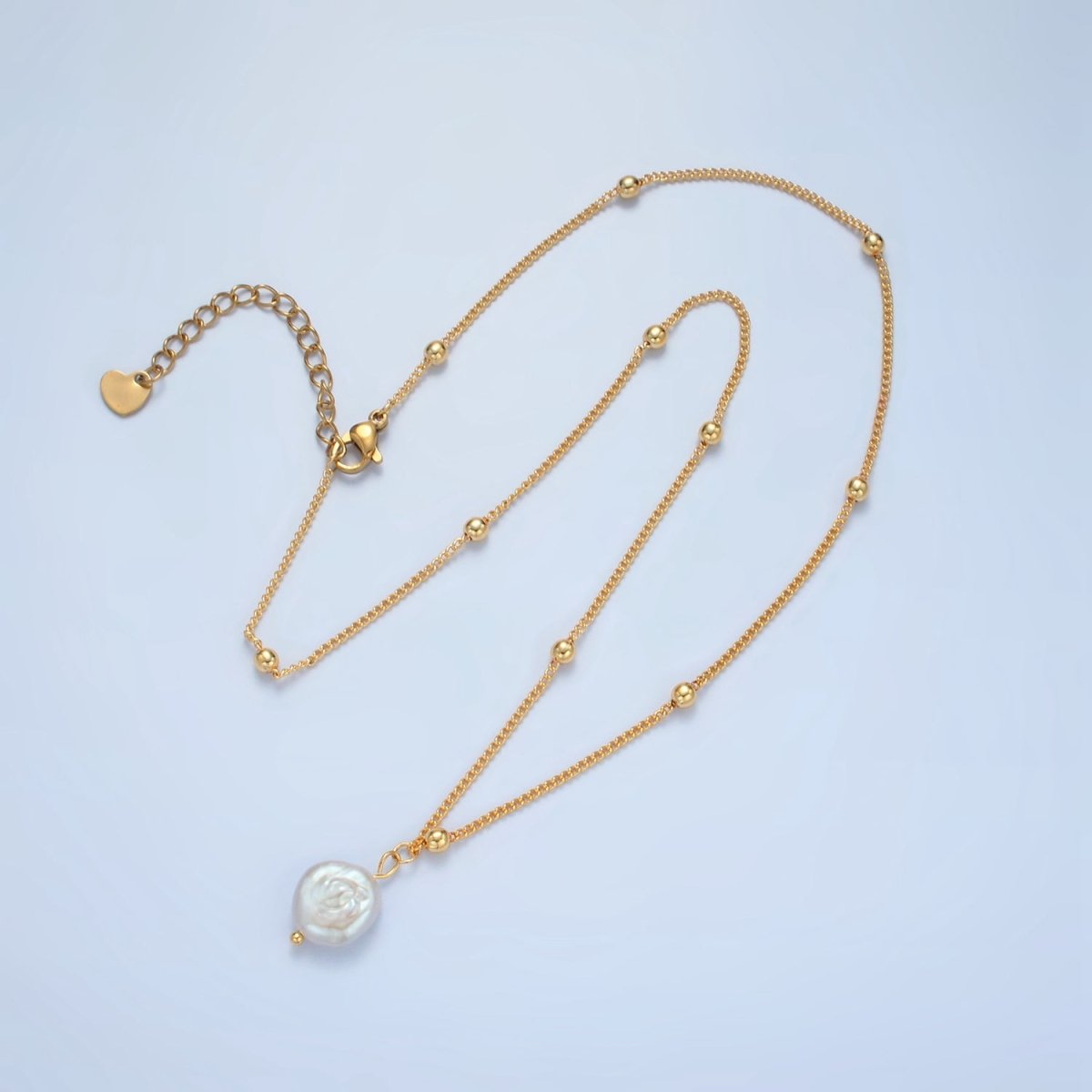 14K Gold plated Satellite Bead Curb Chain Necklace with Mother of Pearl Charm 17.12 Inch with Extender | WA2576 - DLUXCA