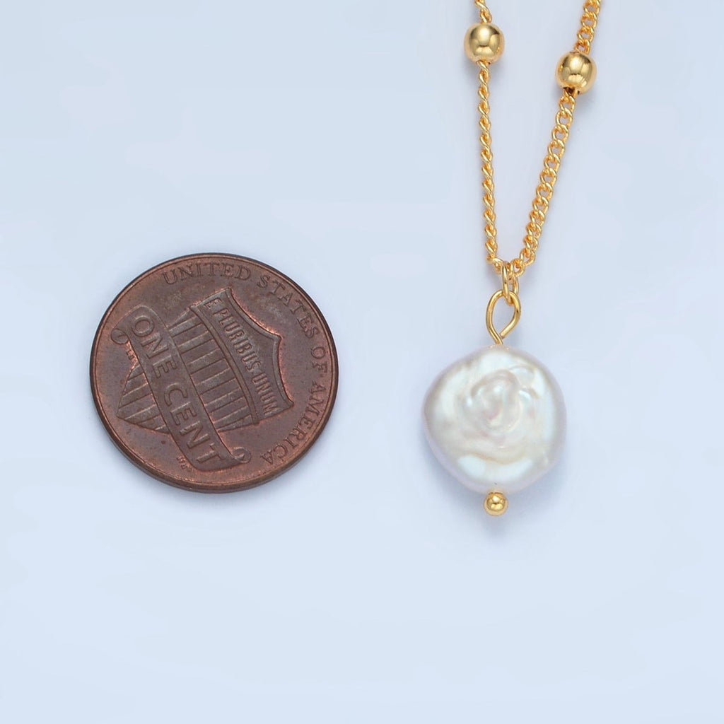 14K Gold plated Satellite Bead Curb Chain Necklace with Mother of Pearl Charm 17.12 Inch with Extender | WA2576 - DLUXCA