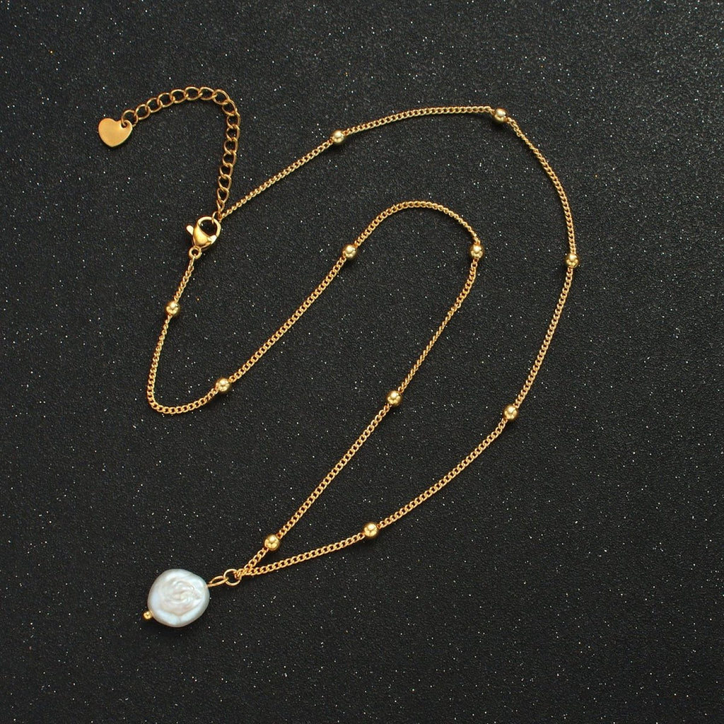 14K Gold plated Satellite Bead Curb Chain Necklace with Mother of Pearl Charm 17.12 Inch with Extender | WA2576 - DLUXCA